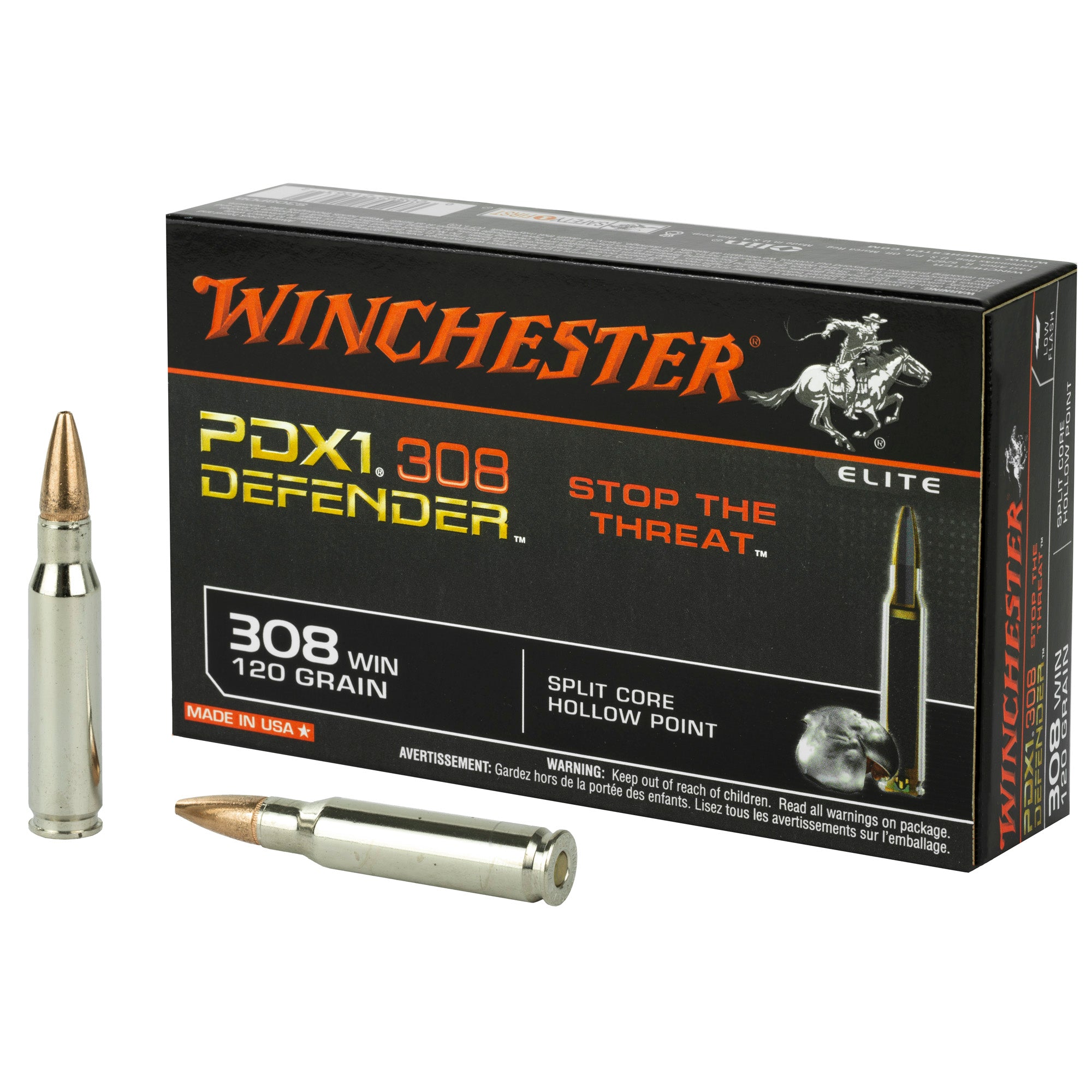 Winchester .308 Win / 7.62x51mm Rifle Ammo PDX1 Defender Jacketed Hollow Point JHP 120 grain 
