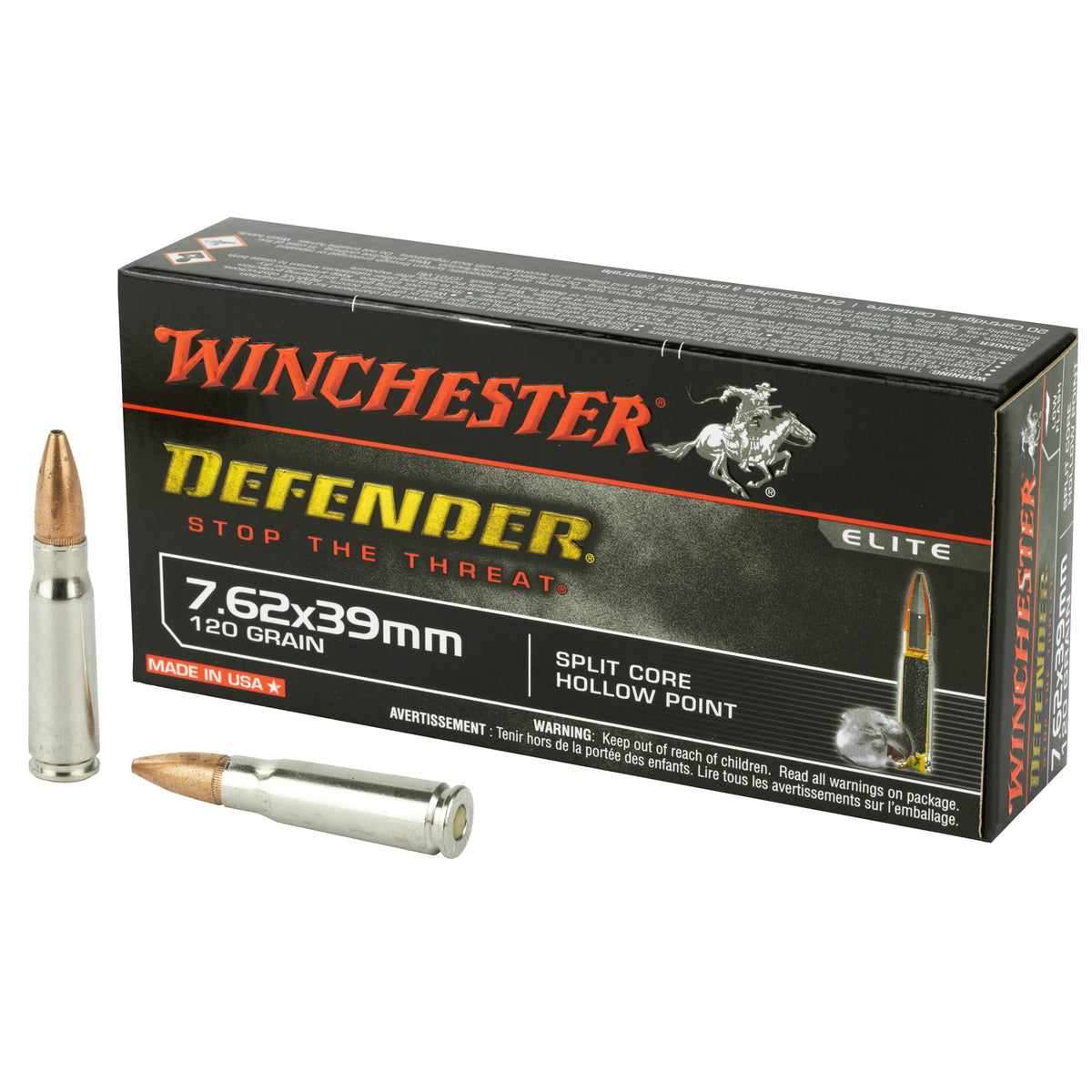 Winchester 7.62x39mm S76239PDB PDX1 Defender Split Core Hollow Point 120 Grain