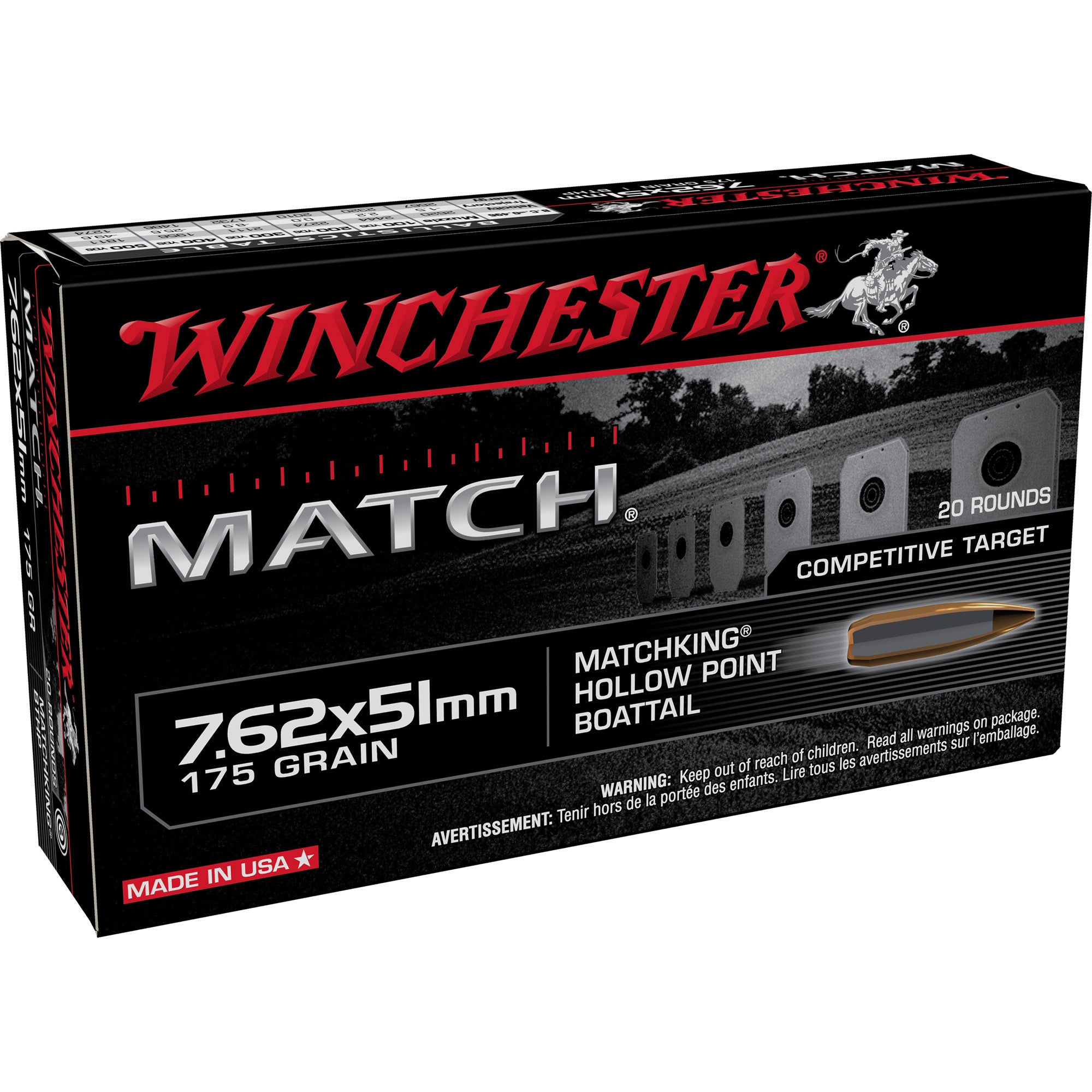 Winchester .308 Win / 7.62x51mm S76251M Match Sierra MatchKing Boat Tail Hollow Point BTHP 175 Grain