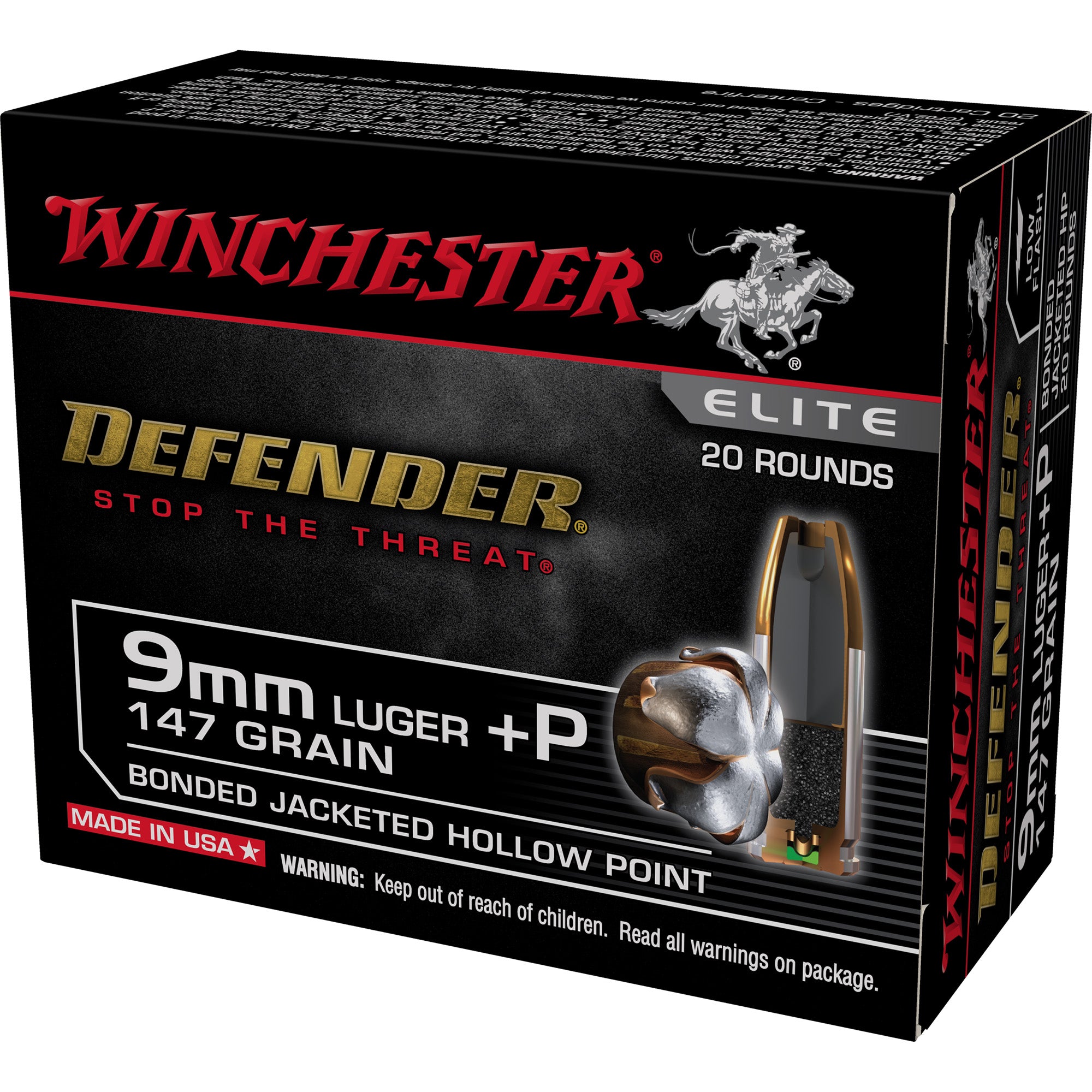 Winchester 9mm Luger/Parabellum S9MMPDB2 Defender Elite Bonded Jacket Hollow Point 147 Grain