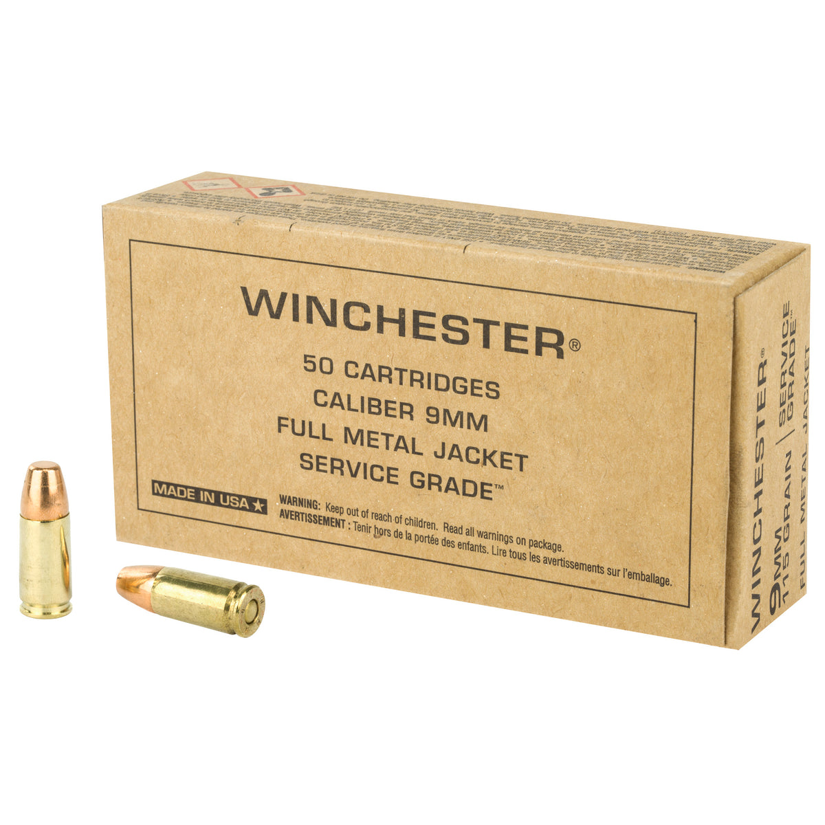 Winchester 9mm Luger / Parabellum Handgun Ammo Service Grade Full Metal Jacket FMJ 115 grain 