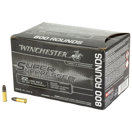 Winchester .22 Long Rifle Rimefire Ammo Super Suppressed Subsonic Black Copper Plated Round Nose Solid 45 grain 