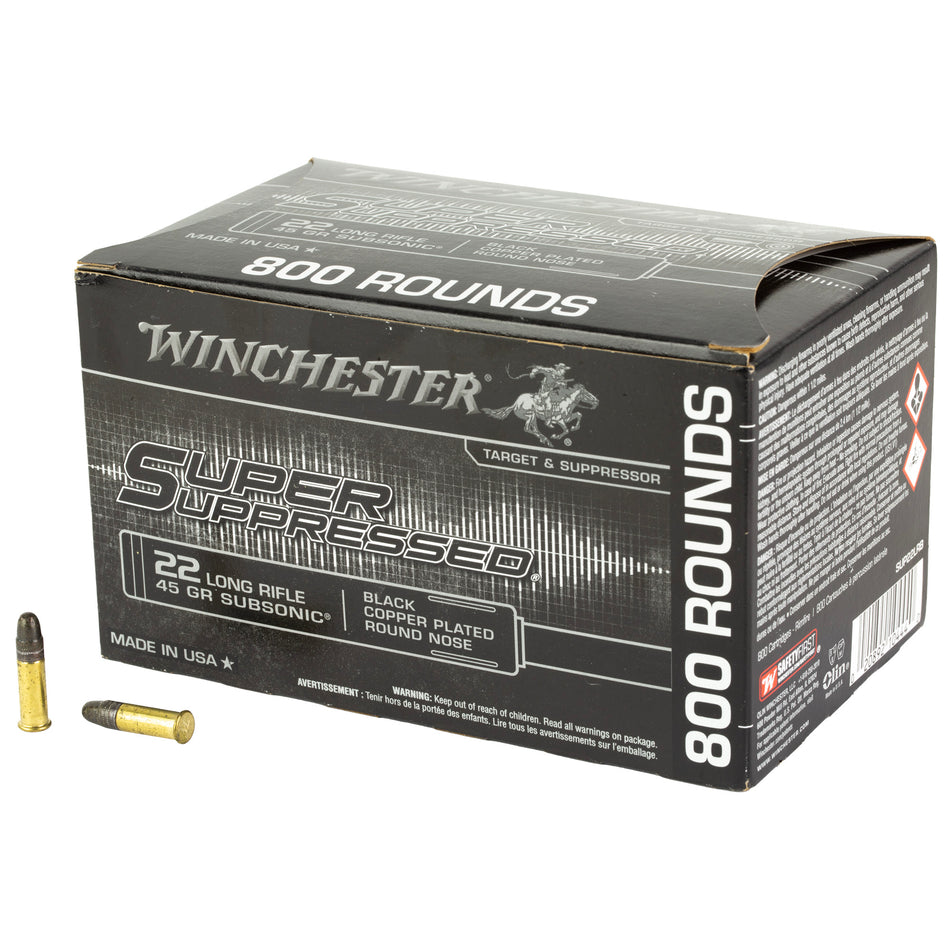 Winchester .22 Long Rifle Rimefire Ammo Super Suppressed Subsonic Black Copper Plated Round Nose Solid 45 grain 
