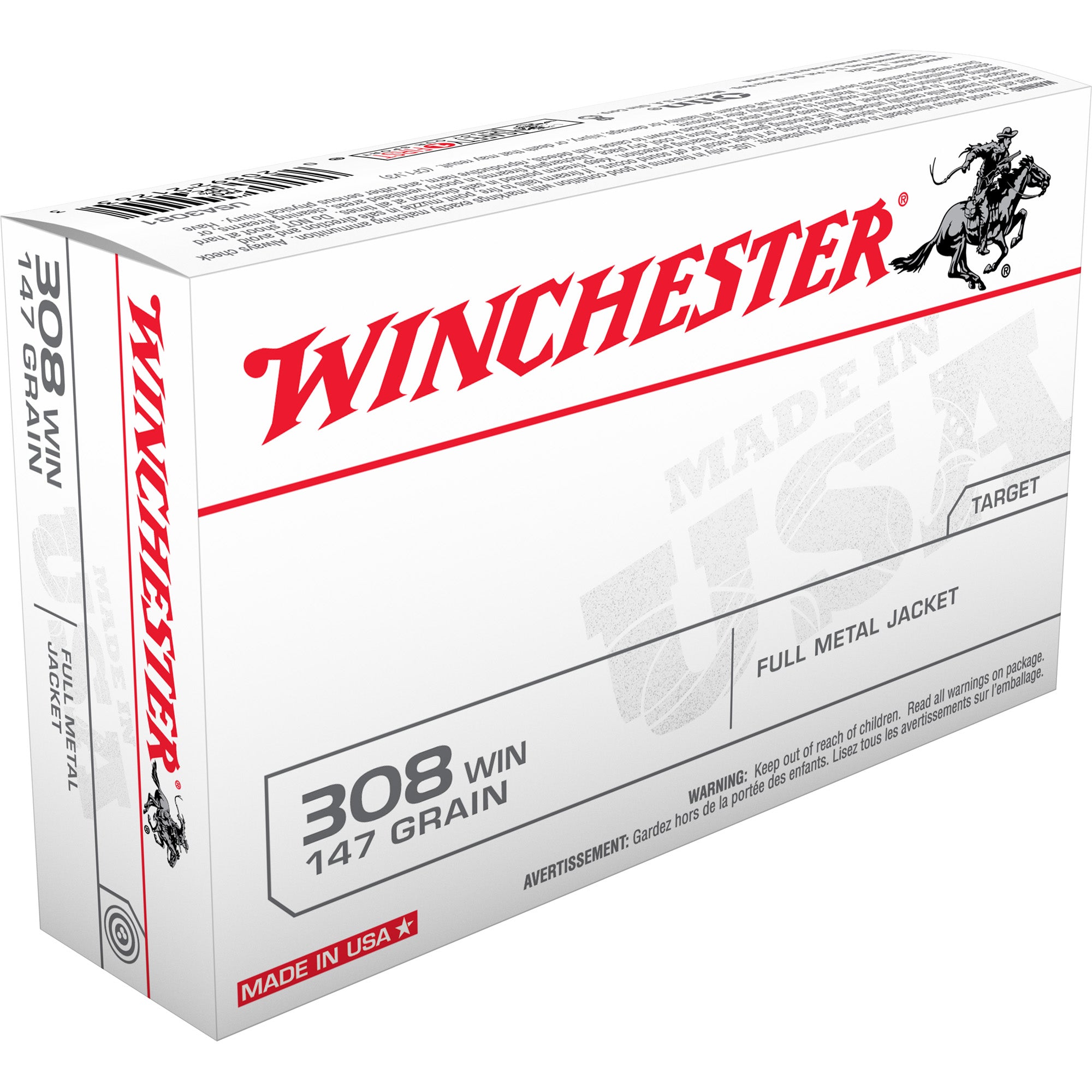 Winchester .308 Win / 7.62x51mm USA3081 USA WHITE BOX Full Metal Jacket FMJ 147 Grain
