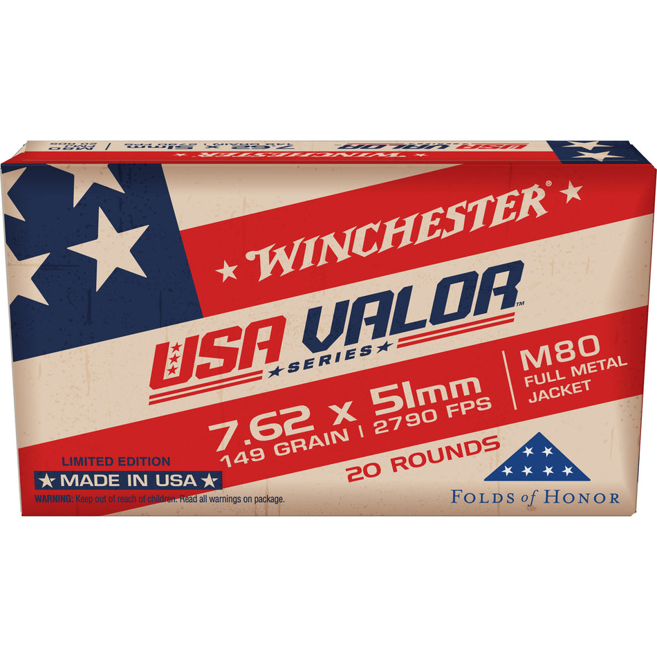 Winchester .308 Win / 7.62x51mm USAVM80X USA VALOR M80 Full Metal Jacket FMJ 149 Grain
