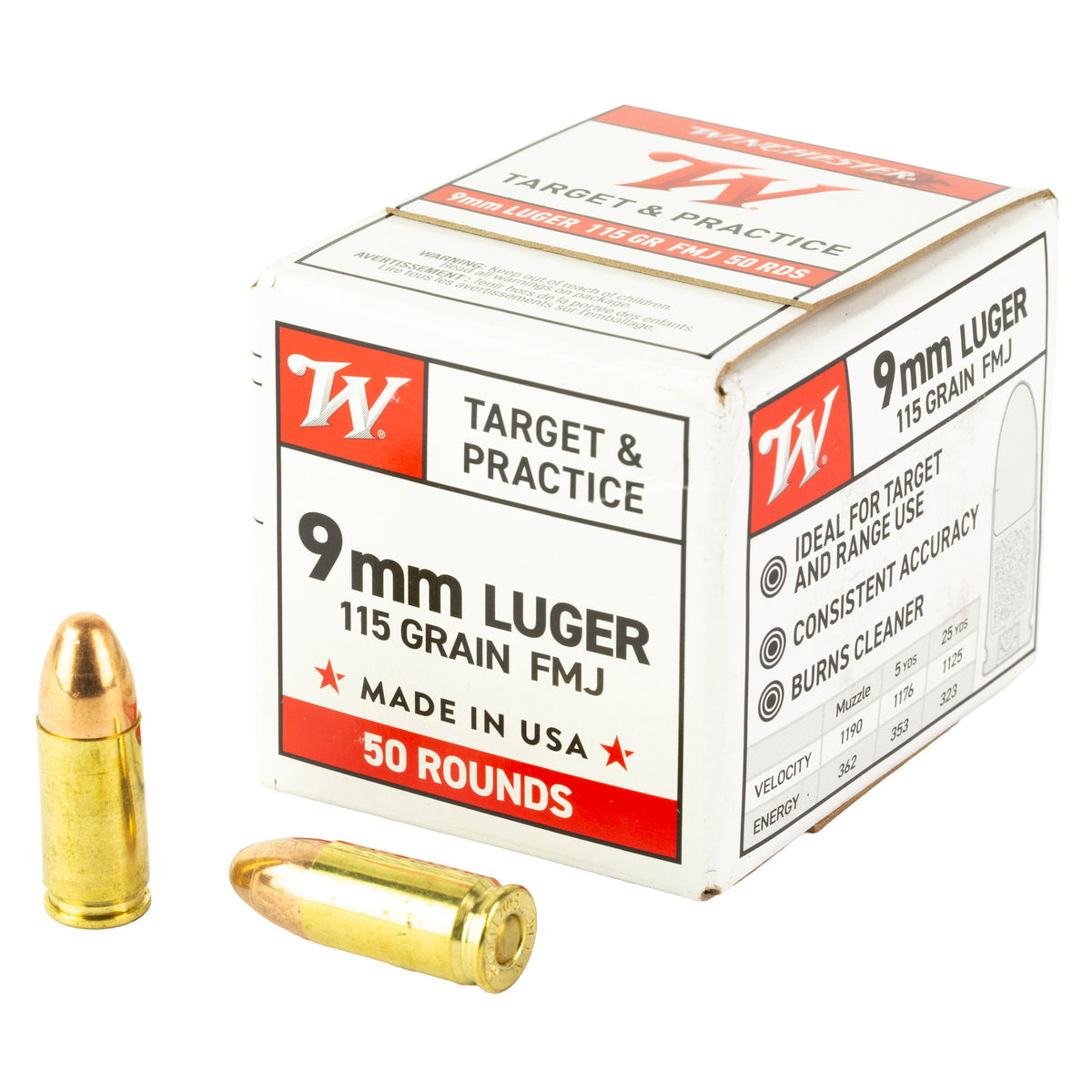 Winchester 9mm Luger/Parabellum W9MM50 USA WHITE BOX Full Metal Jacket FMJ 115 Grain