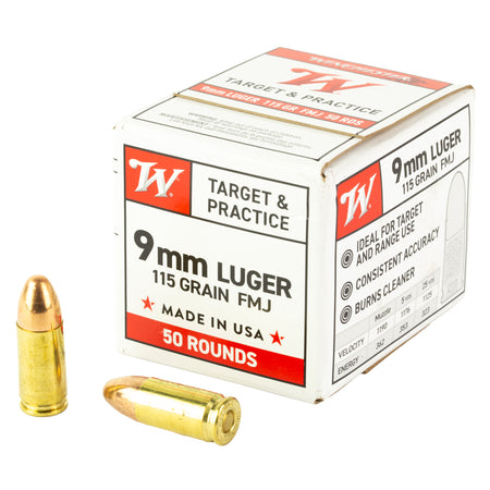Winchester 9mm Luger/Parabellum W9MM50 USA WHITE BOX Full Metal Jacket FMJ 115 Grain