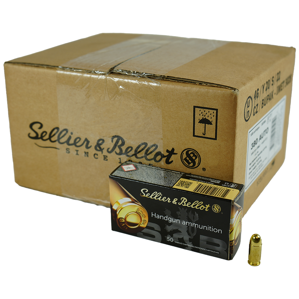 Sellier and Bellot .380 ACP/Auto Handgun Ammo Handgun Full Metal Jacket FMJ 92 grain 