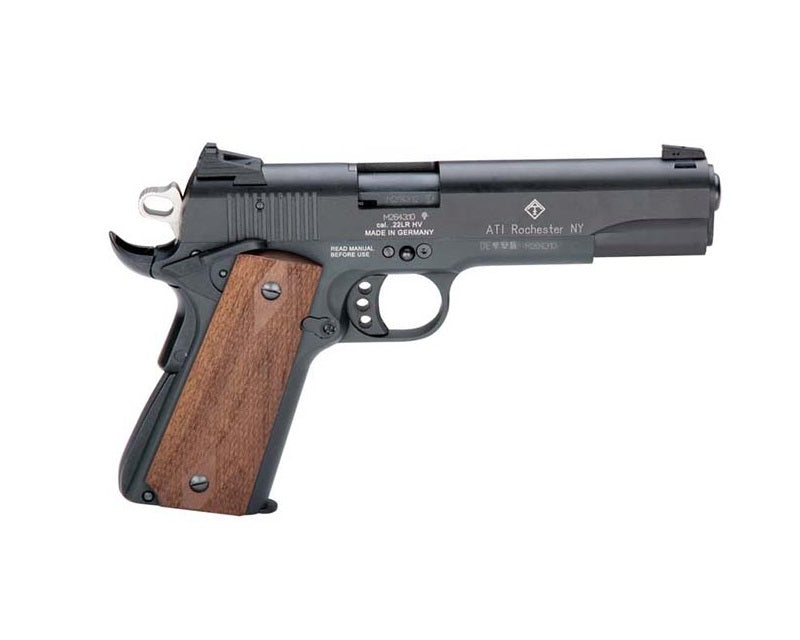 GSG 2210M1911 1911-Style .22 LR Pistol, 10+1 Capacity, 5" Threaded Barrel, Black Anodized Serrated Slide, Zinc Alloy Beavertail Frame, Double Diamond Walnut Grip
