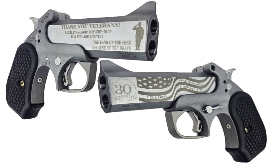 Bond Arms BA30THVET .45 Colt/.410 Gauge 2-Round 4.25" Engraved Rough Matte Stainless Derringer, Black Rubber Grip