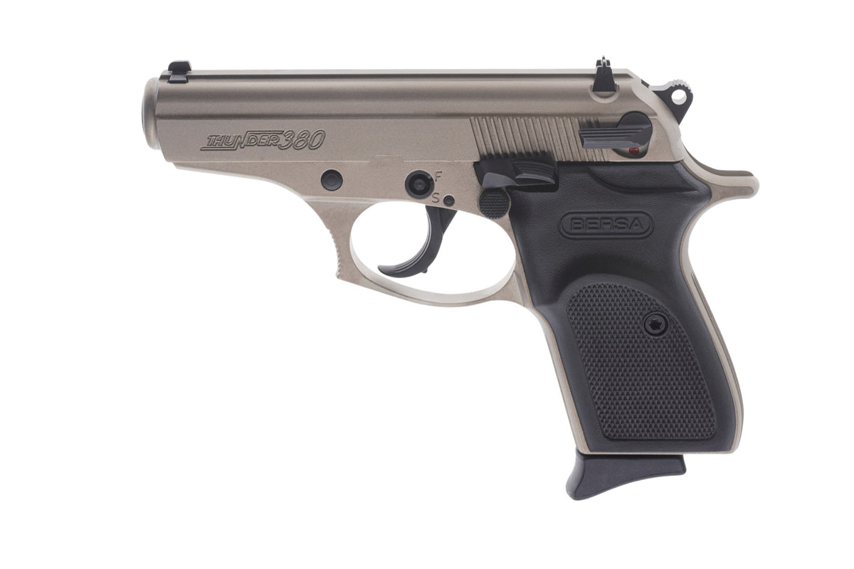 Bersa T380NKL8 Thunder Micro-Compact Frame 380 ACP 8+1, 3.50" Satin Nickel Steel Barrel, Serrated Steel Slide & Aluminum Frame