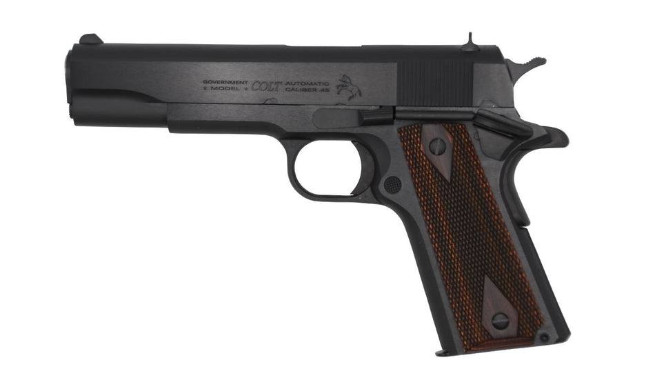 Colt O1911C 1911 Government .45 ACP 7+1, 5" Stainless National Match Barrel, Blued Serrated Slide/Frame, Beavertail, Double Diamond Rosewood Grip