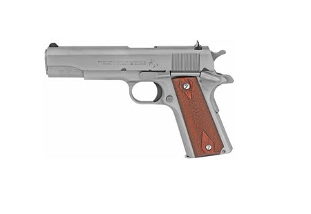 Colt O1911CSS38 1911 Government .38 Super 9+1, 5" Stainless National Match Barrel, Serrated Stainless Slide/Frame, Beavertail, Diamond Rosewood Grip