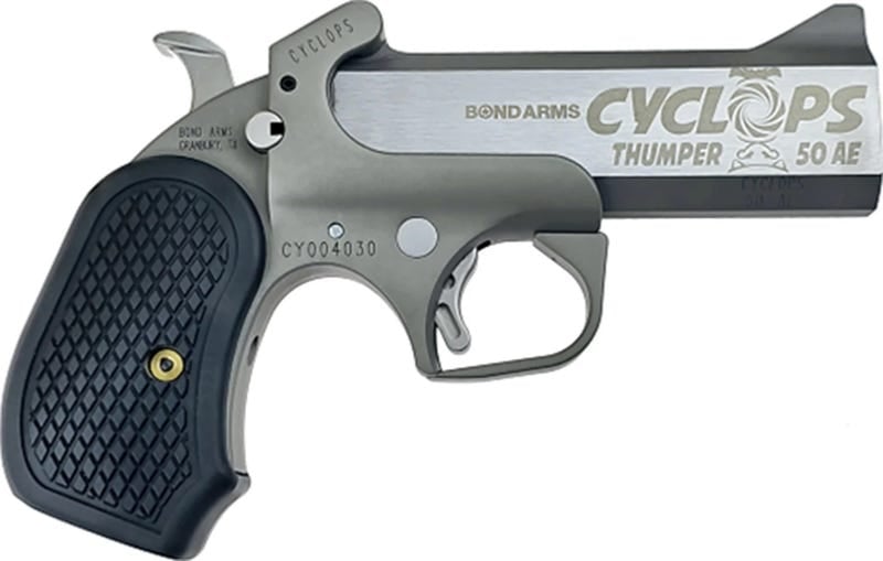 Bond Arms BACY Cyclops Thumper .50 AE 1-Round 4.25" Black/SS Stainless Barrel Derringer, Rough & Tumble Stainless Frame, Black B6 Resin Grips