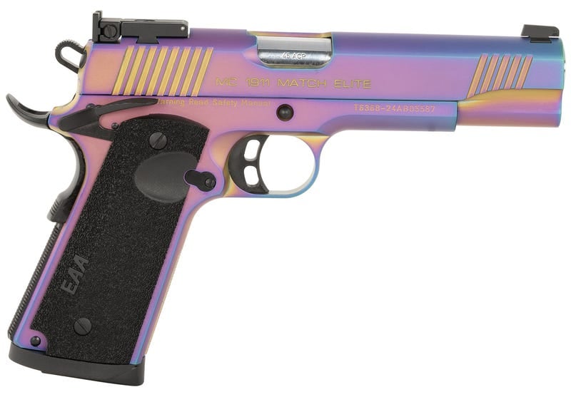 Girsan 391091 MC1911 Full Size Frame 45 ACP 8+1 5" Stainless Bull Barrel, Multi Color PVD Coating Serrated Steel Slide, Multi Color PVD Coating Steel Frame w/Beavertail, Black Textured Grip
