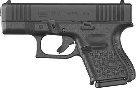 Glock UV2650201 G26 V Sub-Compact Frame 9mm Luger 10+1 3.43" Black GMB Barrel, Black Steel Serrated Slide, Black Polymer Frame, Textured Polymer Grip, Ambidextrous
