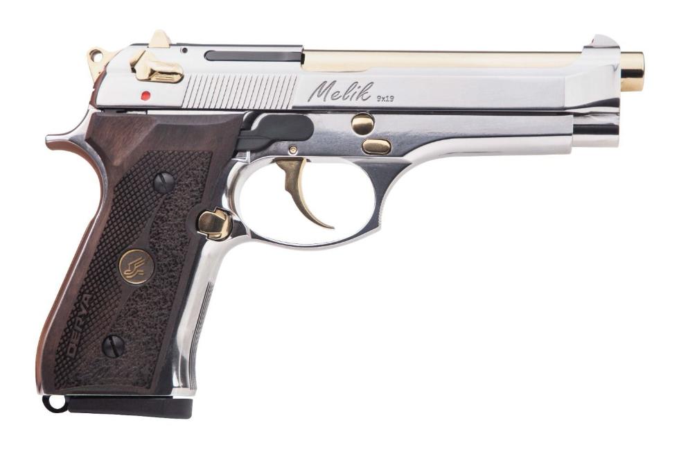 Derya Melik 9mm Luger 10+1 Pistol, 4.90" Gold TiN Barrel, Black Aluminum Frame