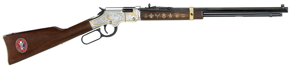 Henry H004ES2 Golden Boy Eagle Scout Tribute 2nd Edition .22 S/L/LR Rifle, 20" Blued Octagon Barrel, Nickel-Plated with 24kt Gold Accents, Walnut Stock