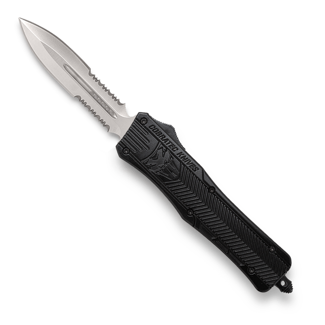 CobraTec Medium Dagger OTF Knife Black Dual-Side Serrated