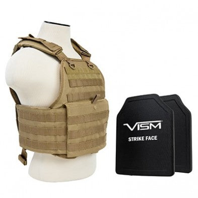 NcStar Tan Plate Carrier Vest with 10x12 Shooter Cut Hard PE Panels