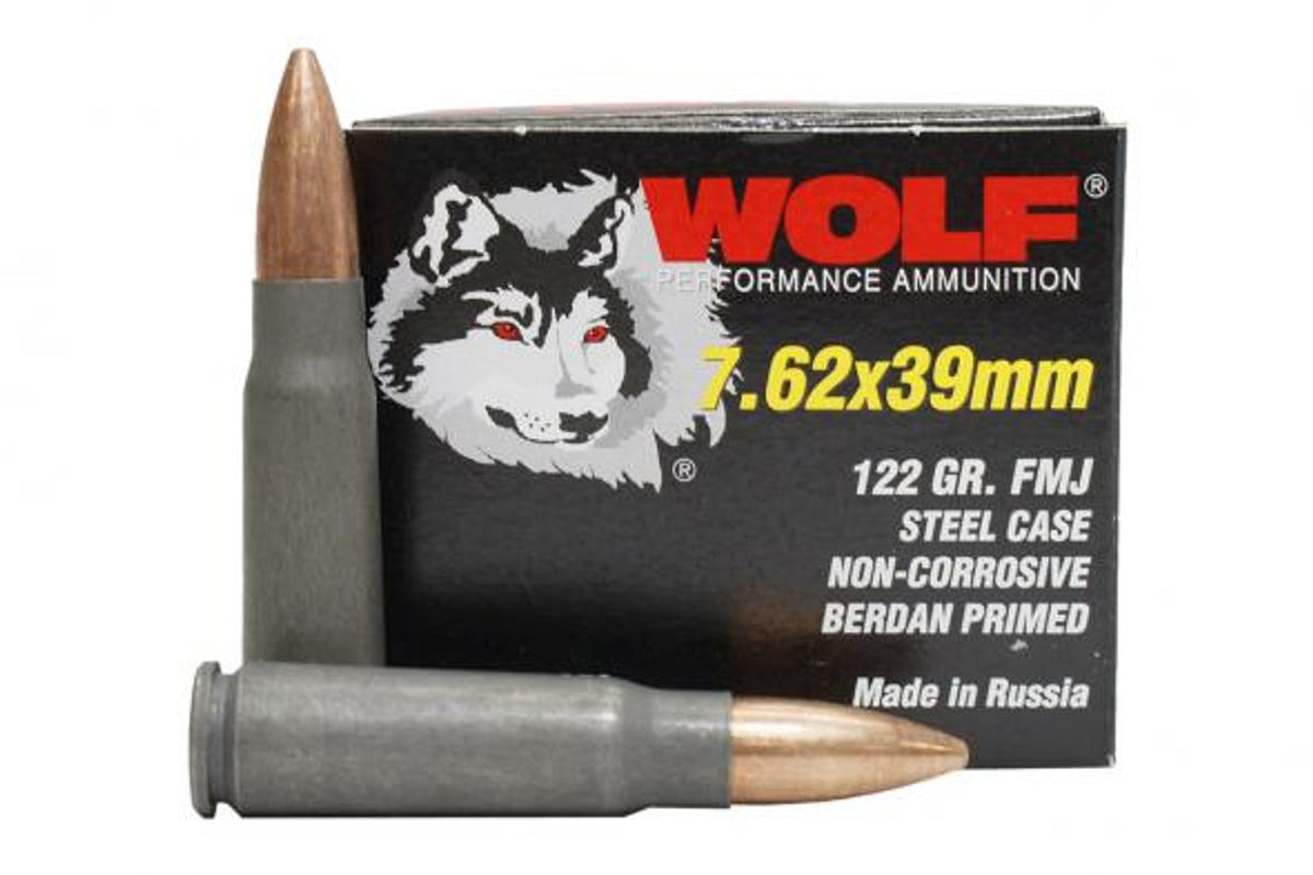 Wolf 7.62x39mm Rifle Ammo Performance Full Metal Jacket FMJ 122 grain 