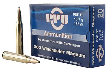 Prvi Partizan .300 Winchester Mag Rifle Ammo PPUCenterfire Pointed Soft Point Boat Tail JSP 165 grain 
