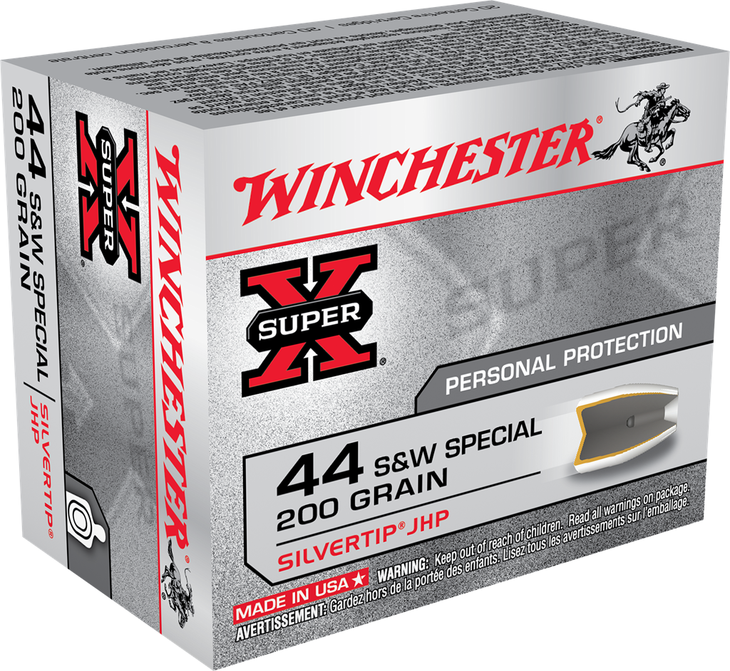 Winchester .44 S&W Special Handgun Ammo SUPER X Centerfire Pistol Personal Defense Silvertip Hollow Point JHP 200 grain 