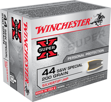 Winchester .44 S&W Special Handgun Ammo SUPER X Centerfire Pistol Personal Defense Silvertip Hollow Point JHP 200 grain 