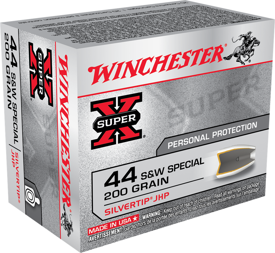 Winchester .44 S&W Special Handgun Ammo SUPER X Centerfire Pistol Personal Defense Silvertip Hollow Point JHP 200 grain 