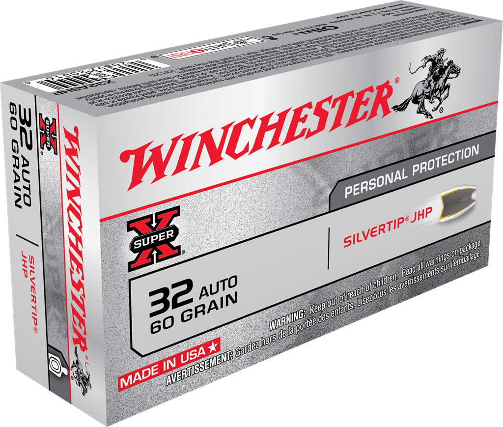 Winchester .32 ACP Handgun Ammo SUPER X Centerfire Pistol Personal Defense Silvertip Hollow Point JHP 60 grain 