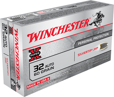 Winchester .32 ACP Handgun Ammo SUPER X Centerfire Pistol Personal Defense Silvertip Hollow Point JHP 60 grain 