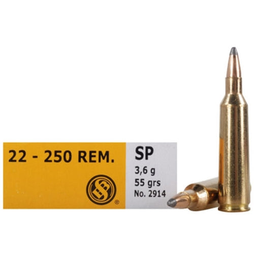 Sellier and Bellot .22-250 Remington Rifle Ammo SB10A Soft Point JSP 55 grain 