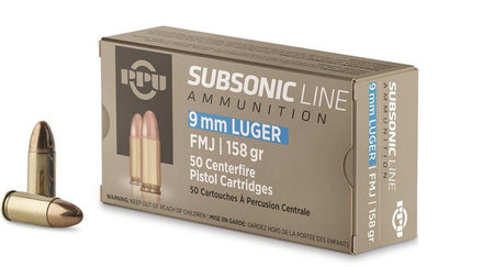 Prvi Partizan 9mm Luger / Parabellum Handgun Ammo SUBSONIC LINE Full Metal Jacket FMJ 158 grain 