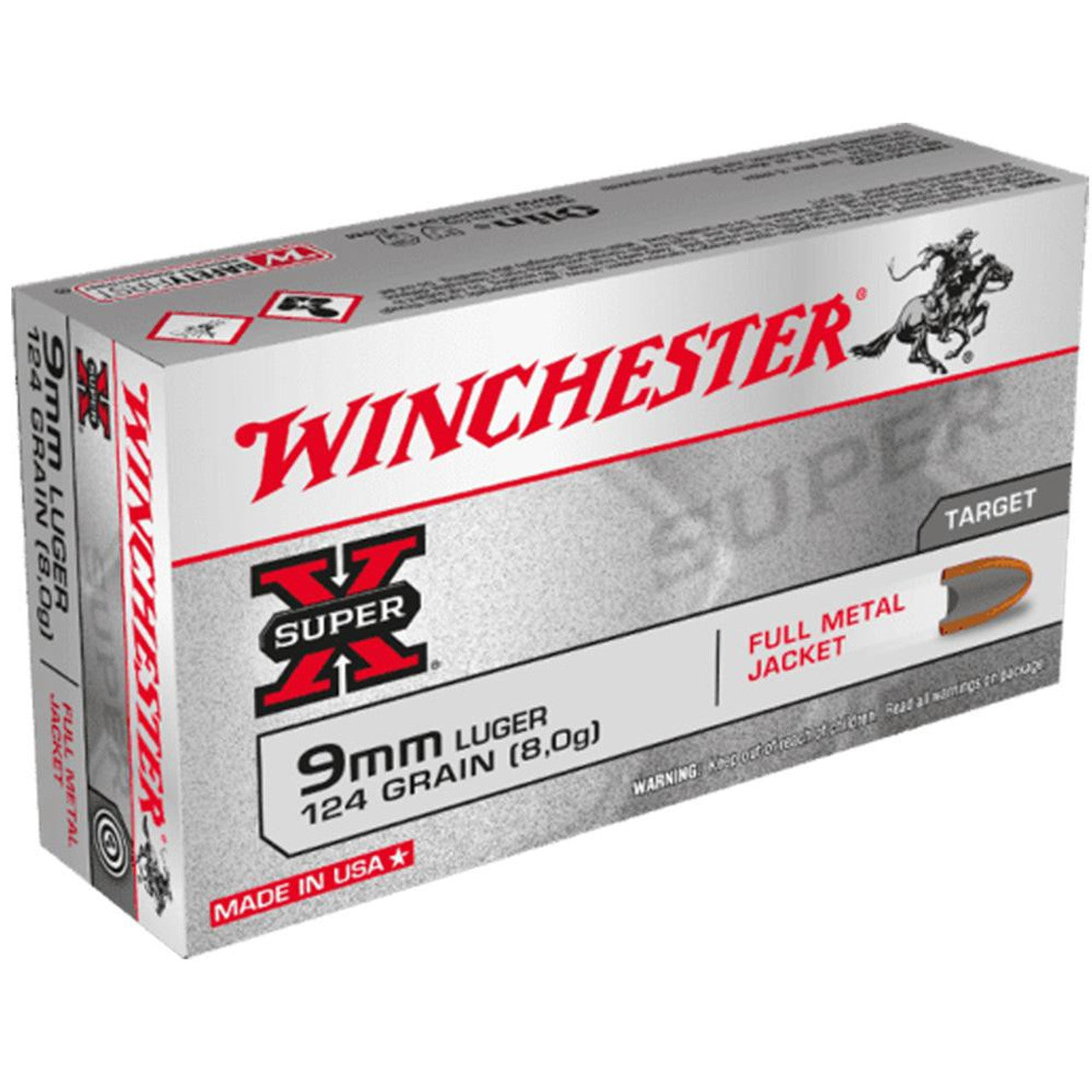 Winchester 9mm Luger / Parabellum Handgun Ammo Super X Full Metal Jacket FMJ 124 grain 
