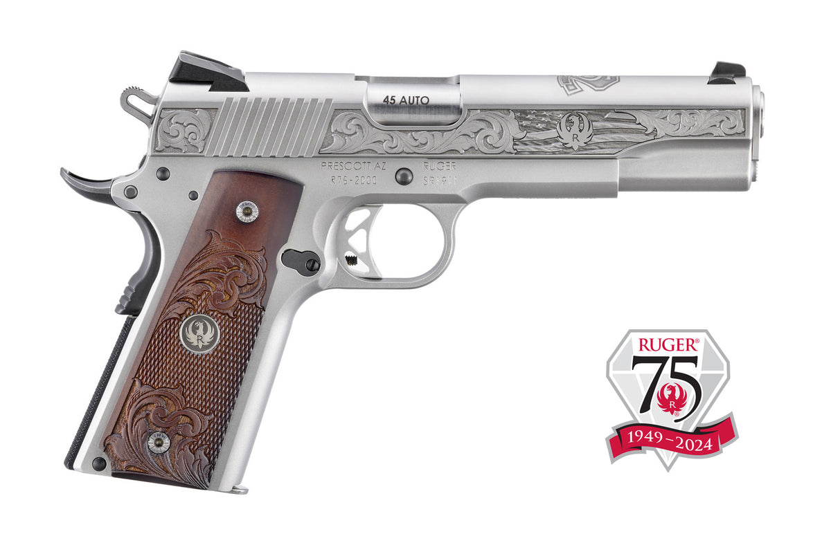 Ruger SR1911 75th Anniversary Edition .45 ACP Pistol, 5" Barrel, Custom Engraved Stainless, Wood Grip (Model 6765)