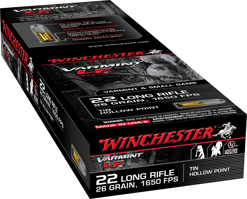 Winchester .22 Long Rifle Rimefire Ammo VARMINT LF Lead Free Hunting Tin Hollow Point JHP 26 grain 