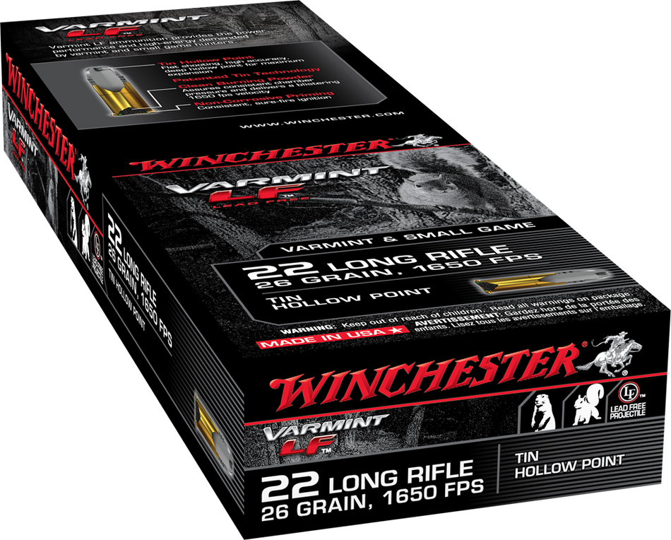 Winchester .22 Long Rifle Rimefire Ammo VARMINT LF Lead Free Hunting Tin Hollow Point JHP 26 grain 