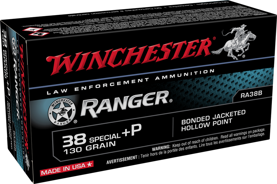 Winchester .38 Special Handgun Ammo Ranger LE +P Bonded Jacketed Hollow Point BHP 130 grain 