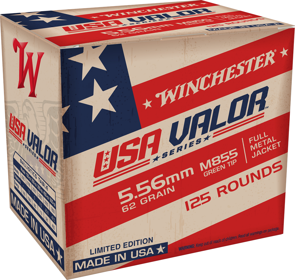 Winchester 5.56x45mm NATO Rifle Ammo USA Valor M855 Green Tip Full Metal Jacket FMJ 62 grain