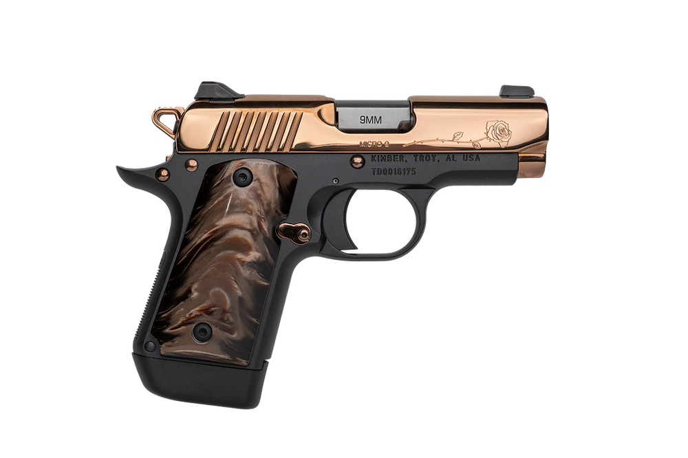 Kimber Micro 9 Rose Gold 9mm Pistol, Rose Engraved Goddess Kirinite Grip, 1-7rd Magazine