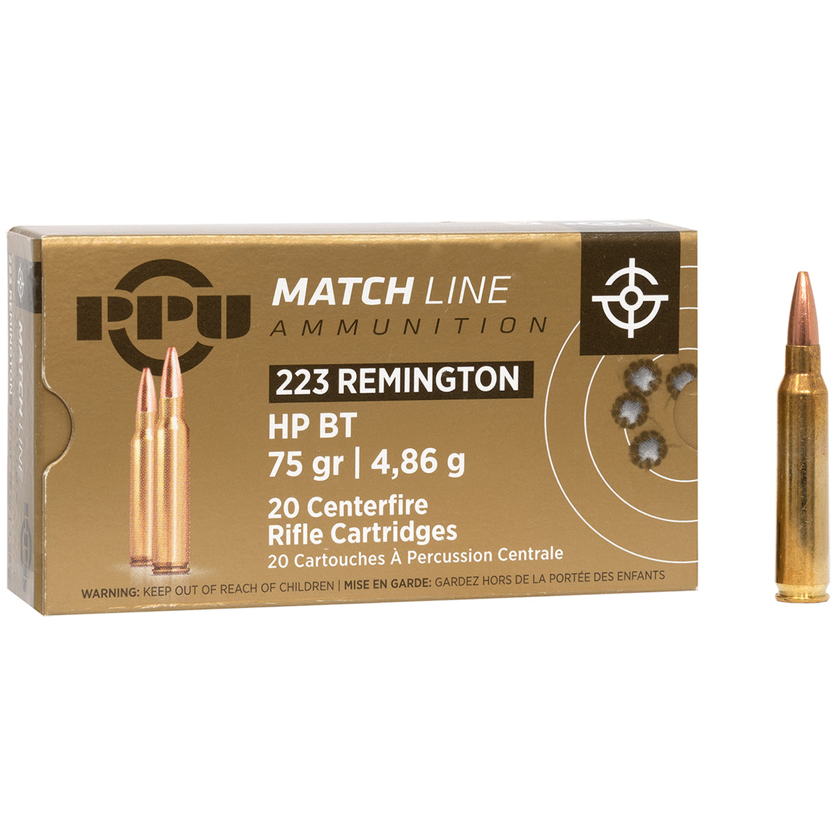 Prvi Partizan .223 Remington Rifle Ammo  Hollow Point Boat Tail BTHP 75 grain 