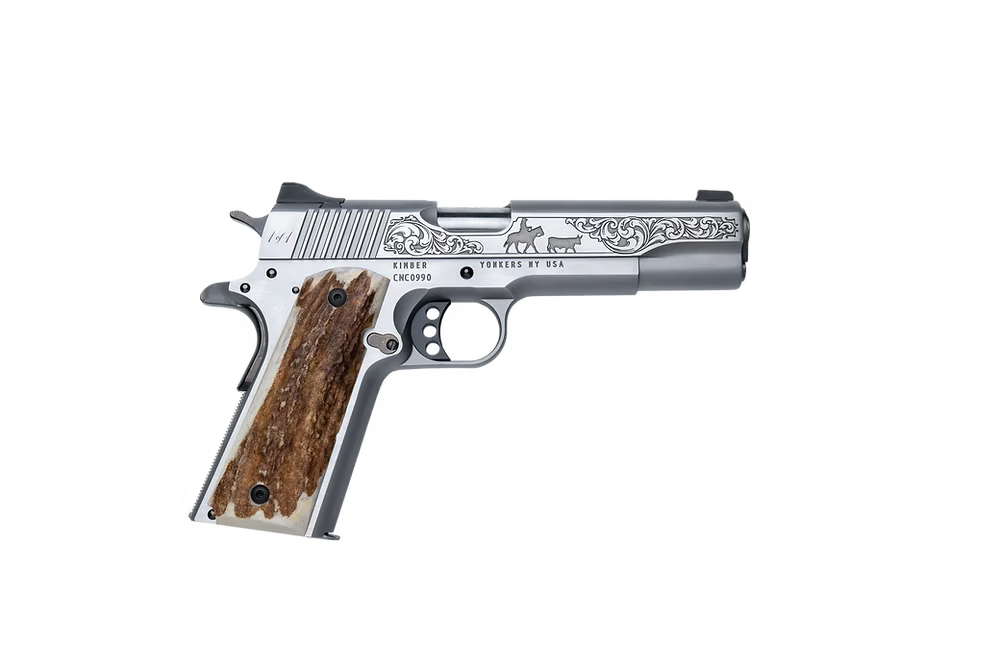 KIMBER CUSTOM CATTLEMAN 1911 45ACP PISTOL STAINLESS ENGRAVED, STAG GRIPS 1 OF 200 MADE