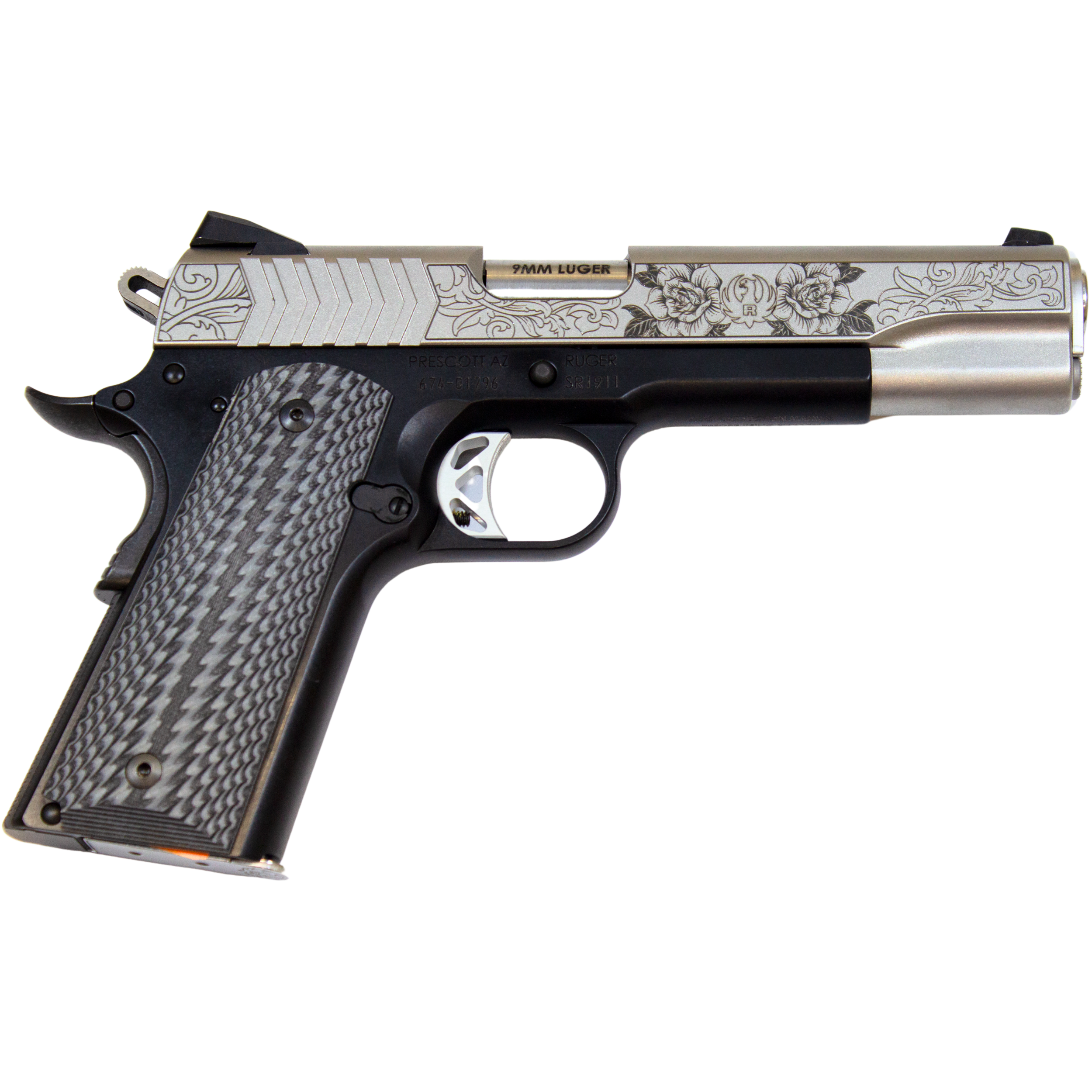RUGER 1911 DERBY 151 RUN FOR THE ROSES EXCLUSIVE 9MM PISTOL 5" BLK/STS ENGRAVED, 2-9RD MAGS