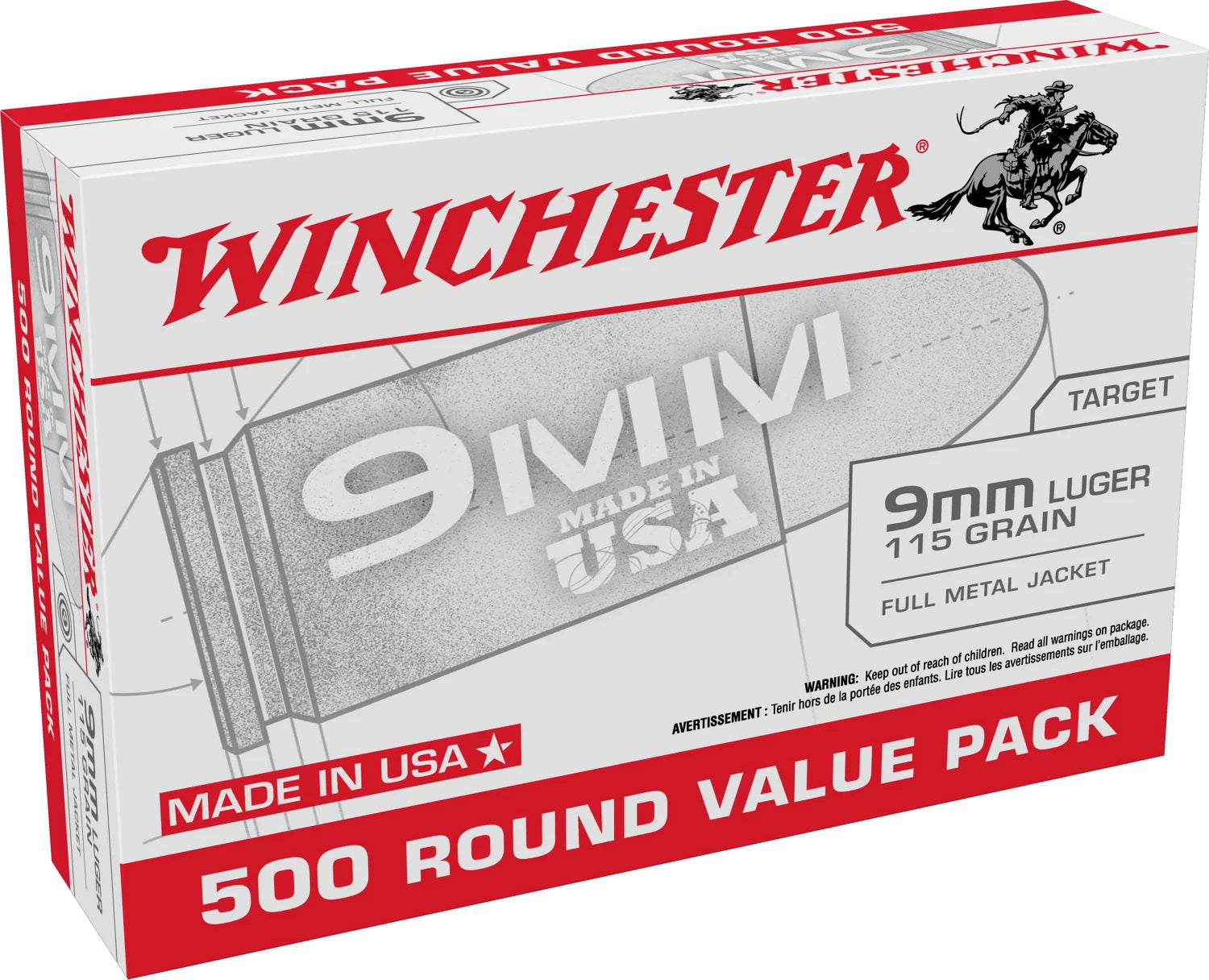 Winchester 9mm Luger / Parabellum Handgun Ammo  Full Metal Jacket FMJ 115 grain 