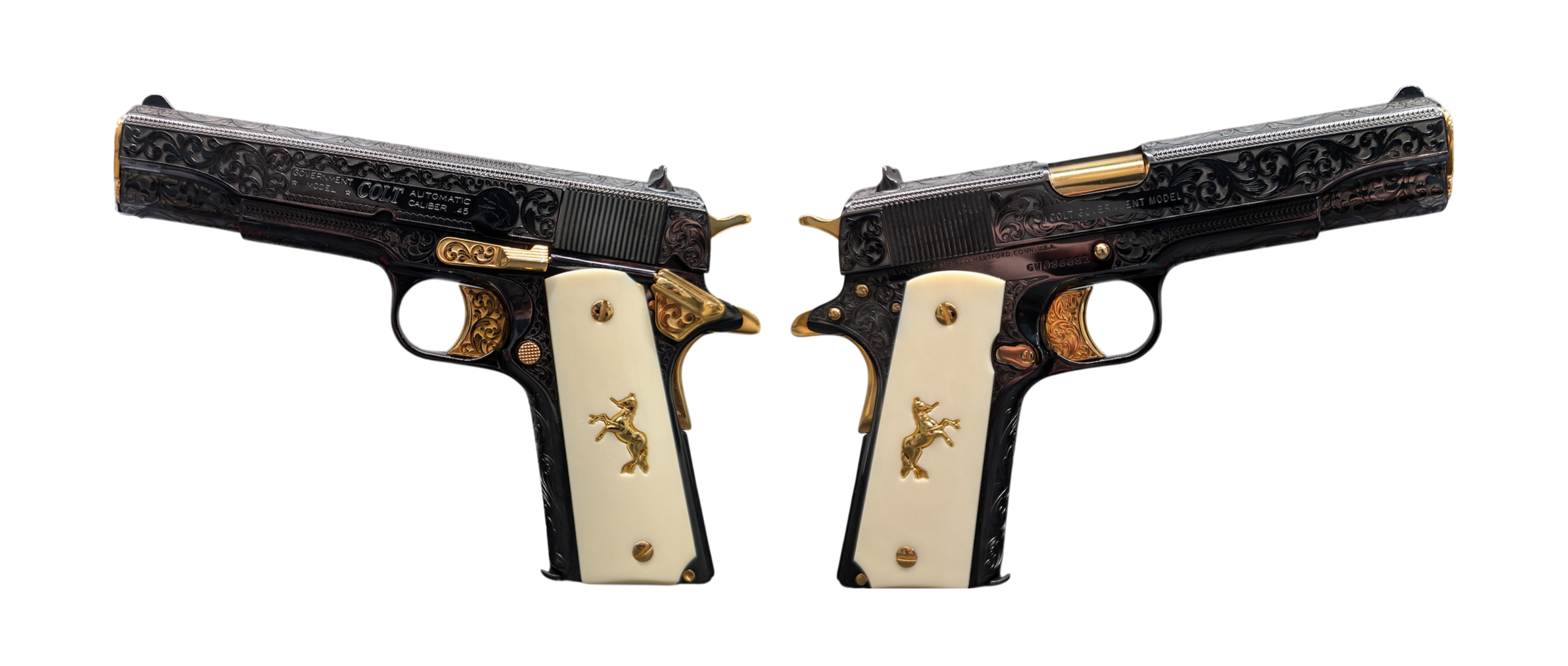 COLT 1911 GOVT 45ACP DEEP ENGRAVED, GOLD PLATED, IVORY GRIP, UPGRADED ENGRAVED TRIGGER 5" 7+1 BLUED