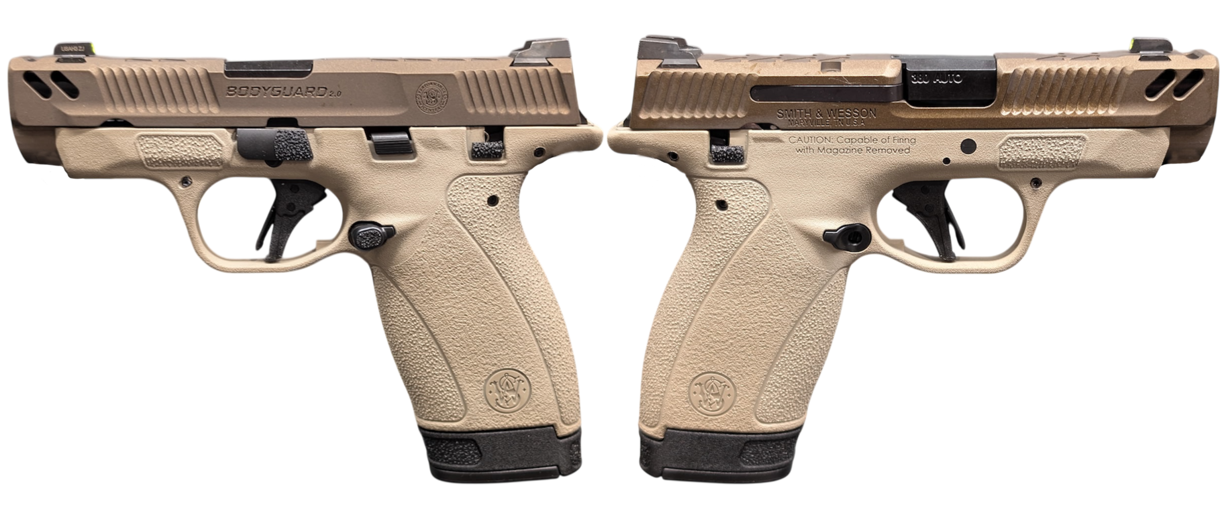 SMITH & WESSON PC BODYGUARD 2.0 CARRY COMP TWO TONE TAN 380ACP PISTOL 3.1" M.S 1-10RD, 1-12RD MAG