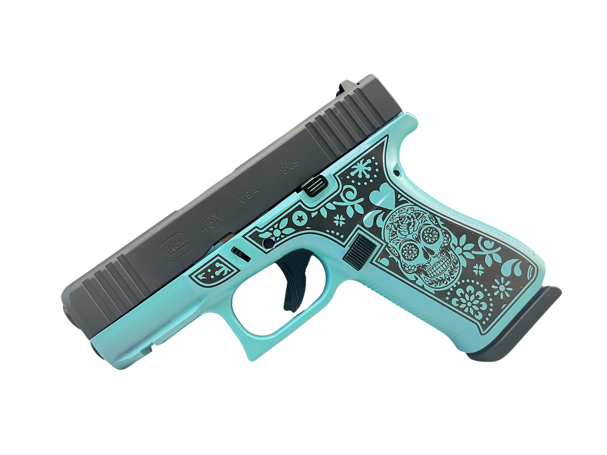 GLOCK 43X TEAL SUGAR SKULL 9MM PISTOL 3.39" FXD 5.5lb 2-10RD MAGS