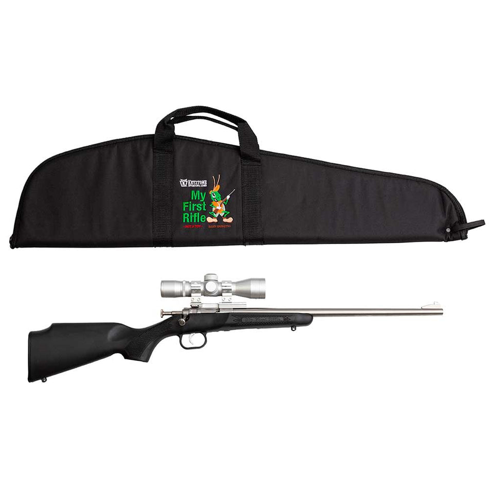 Crickett KSA2245BSC My First Rifle Package, 22 S/L/LR Single Shot, Stainless Barrel & Receiver, Black Synthetic Stock, 4x32 Scope