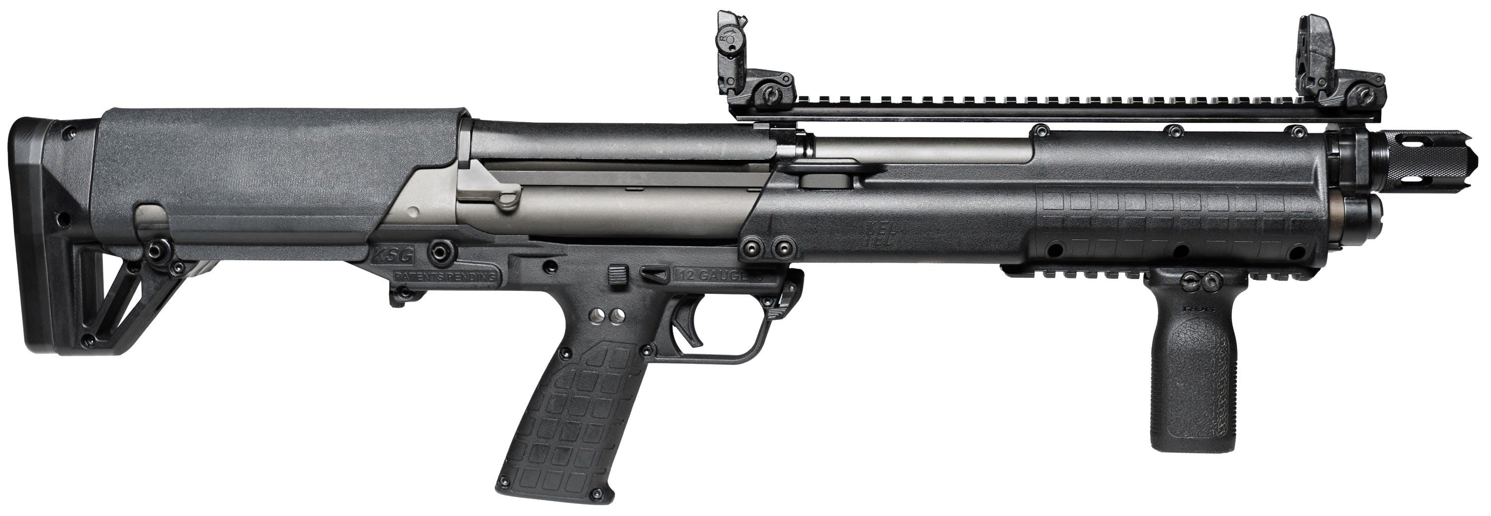 Kel-Tec KSGBLKD KSG Defender Bullpup Frame 12 Gauge Pump 3" 7+1 18.50" Black Steel Barrel, Black Picatinny Rail Aluminum Receiver, Black Adj Cheek Riser Polymer Stock, Black Magpul Vertical Grip