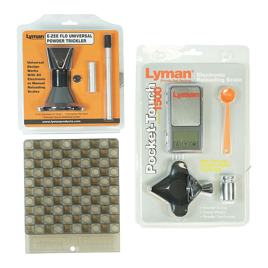 Lyman E-ZEE Flo Powder Handling Starter Set with Scale and Block